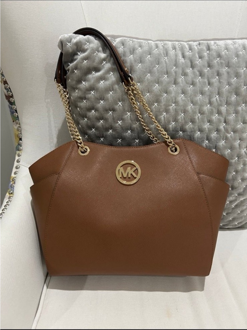 Michael Kors Cognac Saffiano Leather Shoulder Tote with Gold MK Emblem